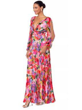 Betsy Adam Red Floral Multi V Neck Floor Length Gown Formal Event Size 6P